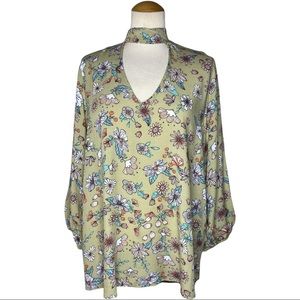 NWOT 3XL Tunic Blouse | Choker Detail | Plunging V-Neck Women Floral Sage Green